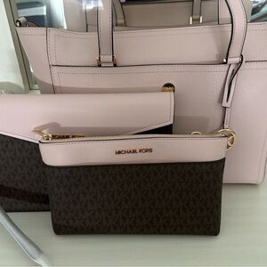 Michael Kors Maisie Light Pink and Brown Signature Triple Pouch Tote Set